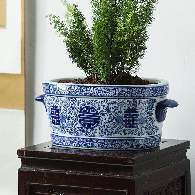 采购产品双耳乐言陶瓷花盆,青花瓷陶瓷花盆,高端落地式盆景兰花