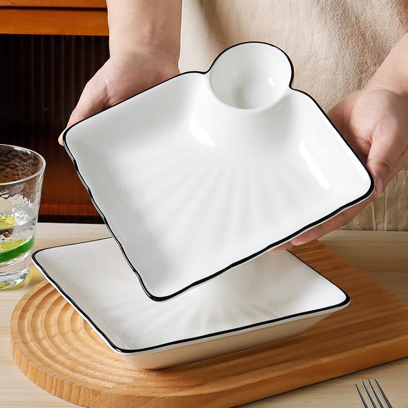 简约水饺盘家用盘子带醋碟釉下彩创意陶瓷寿司盘子母盘水饺盘方形