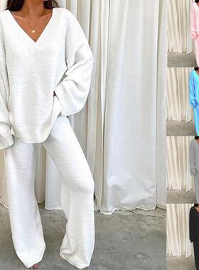 Women'S 2-Piece Lounge Set Soft Chunky V Neck Tops & Wide