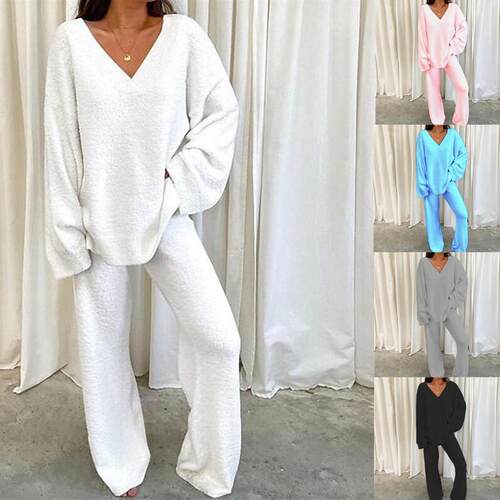 Women'S 2-Piece Lounge Set Soft Chunky V Neck Tops & Wide