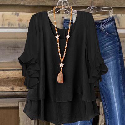 Round neck slimming long sleeved flared sleeve