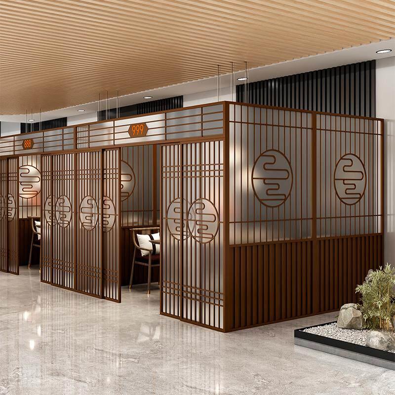 新中式饭店铁艺包间推拉门隔断餐厅卡座屏风火锅店包厢格栅围栏