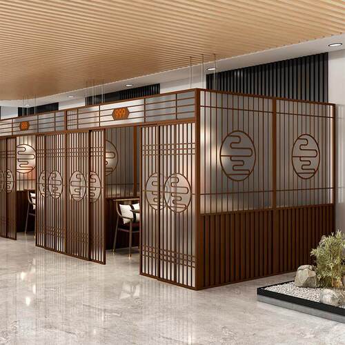 新中式饭店铁艺包间推拉门隔断餐厅卡座屏风火锅店包厢格栅围栏