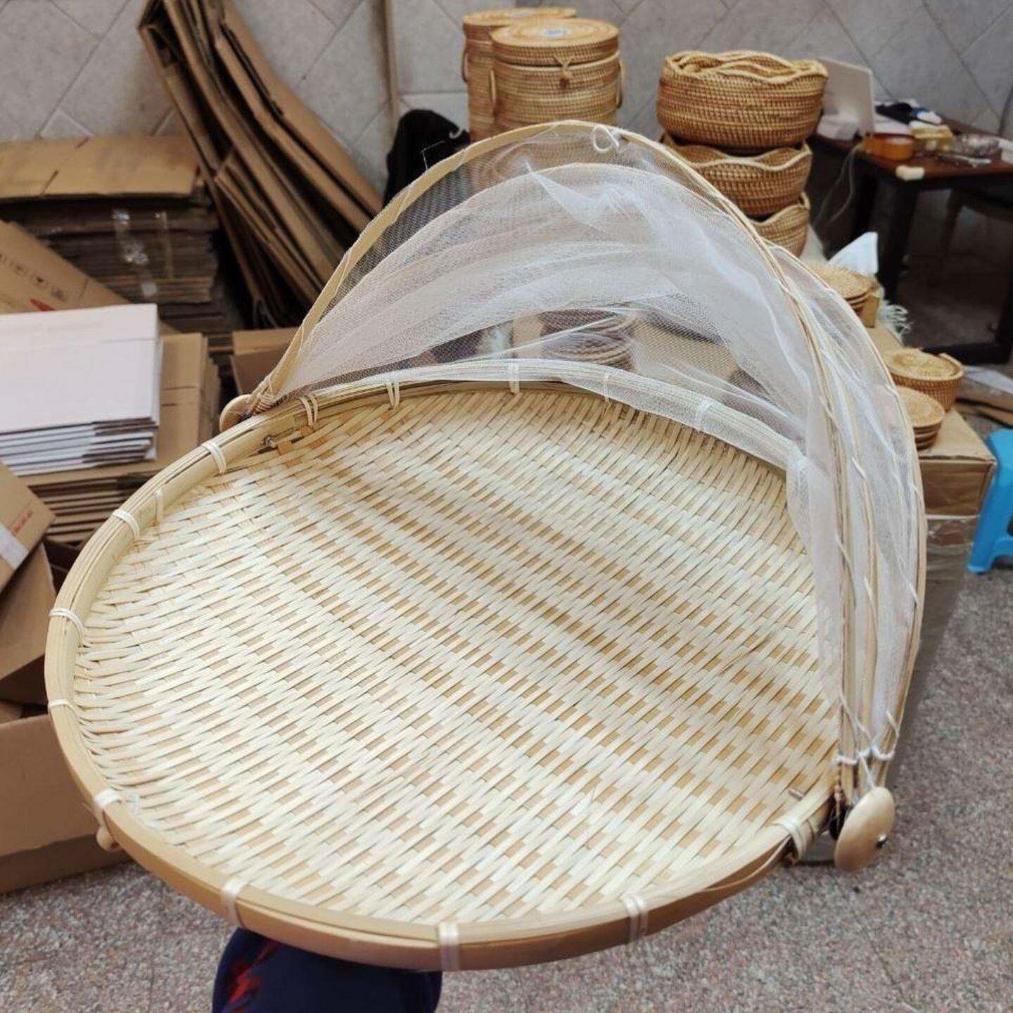家用竹编制品带网罩防蝇竹篮馒头筐水果篮收纳筐簸箕有盖晾晒托盘