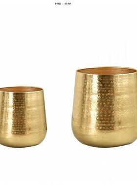 印度进口手工锤纹金色花盆现代轻奢客厅宽口落地花器样板房装饰品