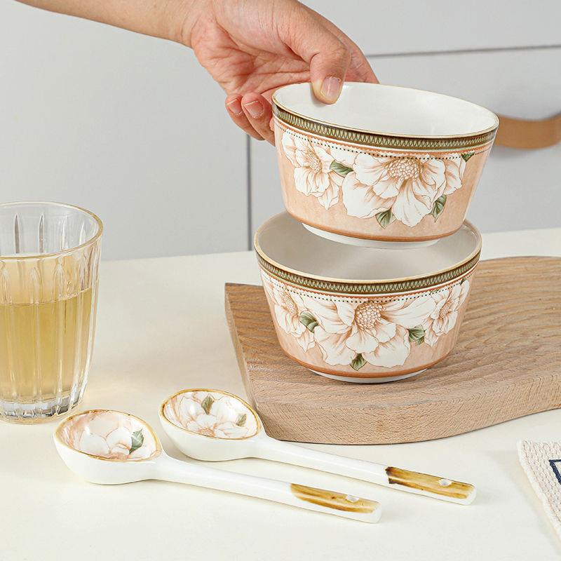 网红高颜值山茶花陶瓷餐具2碗2勺防烫防滑釉下彩乔迁碗勺组合餐具