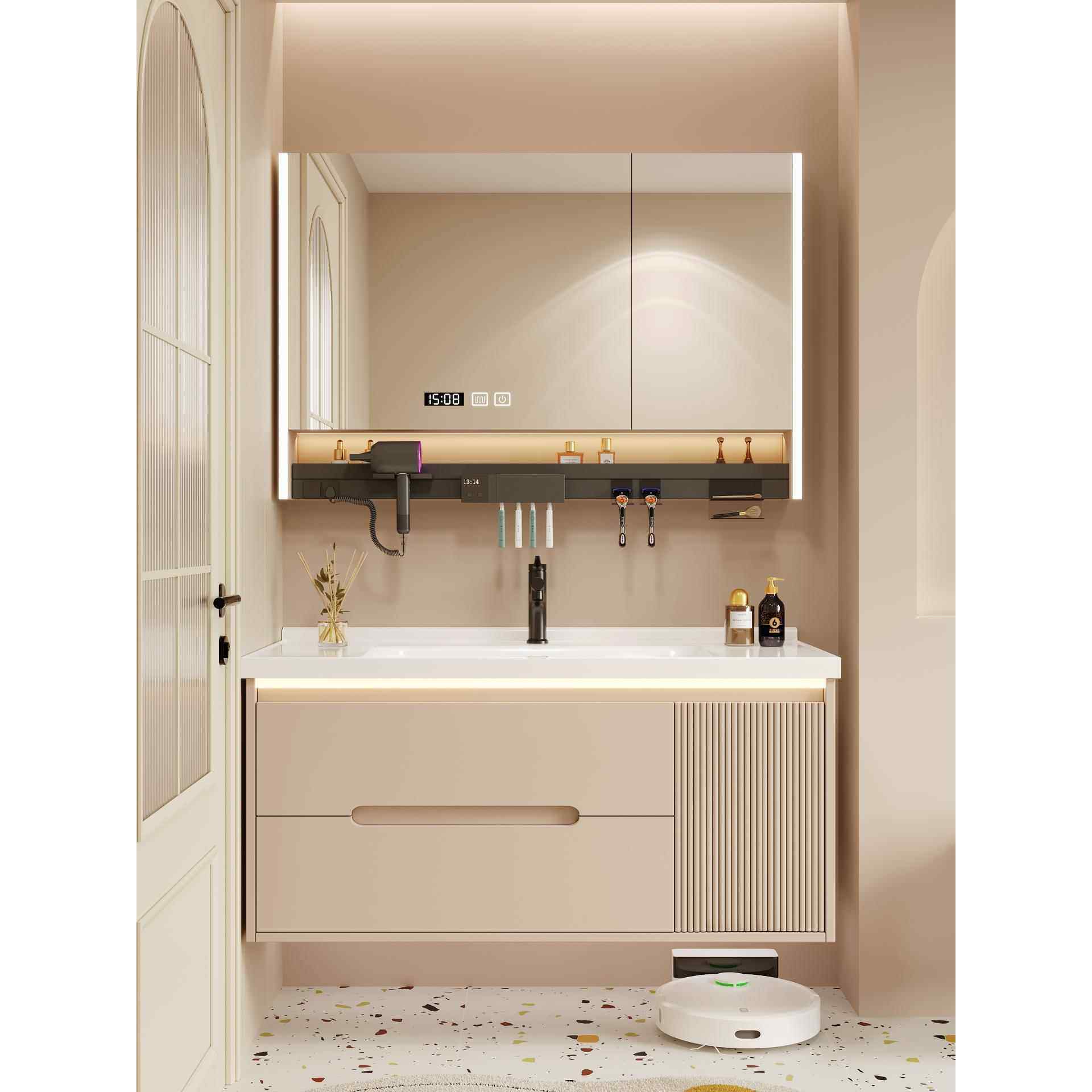 奶油风浴室柜陶瓷一体盆卫生间洗手盆洗脸盆柜组合智能洗手台实木,家装主材,浴室柜组合,淘宝优惠券,粉丝福利购,淘宝优惠卷