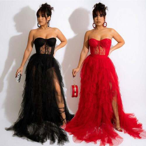 Summer Work Outfit Sexy Tulle Cascading Ruffles Evening Long