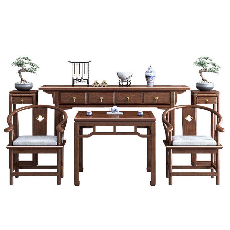 新中式实木中堂六件套农村家用胡桃木财神供桌八仙桌条案玄关神台