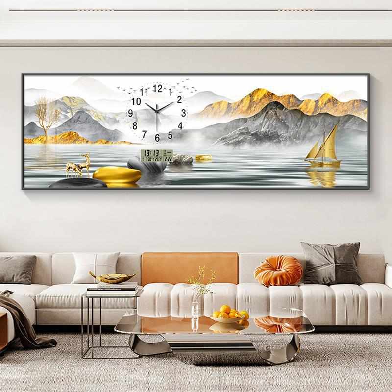 钟表挂钟客厅沙发背景墙装饰画万年历电子钟带温度计福鹿山水时钟