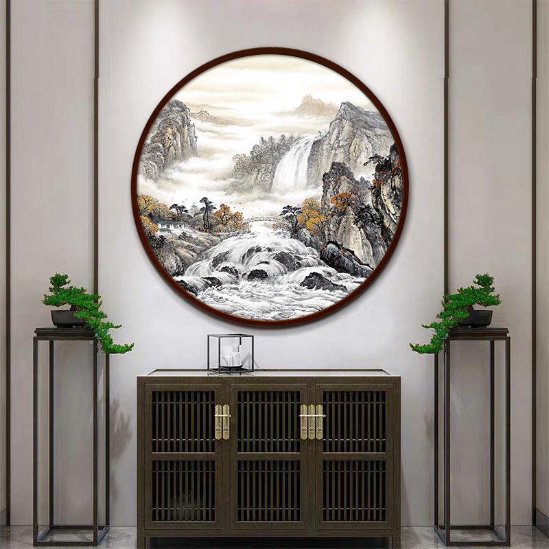 圆形山水挂画 画客厅装饰画 画茶室墙面办公室风景壁画 画玄关新