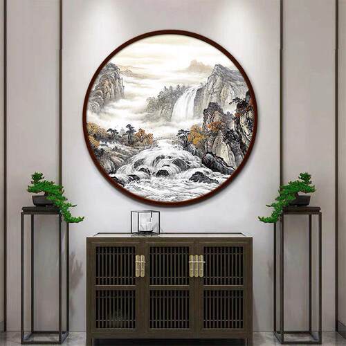 圆形山水挂画 画客厅装饰画 画茶室墙面办公室风景壁画 画玄关新