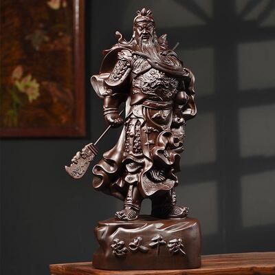 黑檀木雕关公摆件实木武财神关羽关二爷关帝圣君神像家用客厅招财