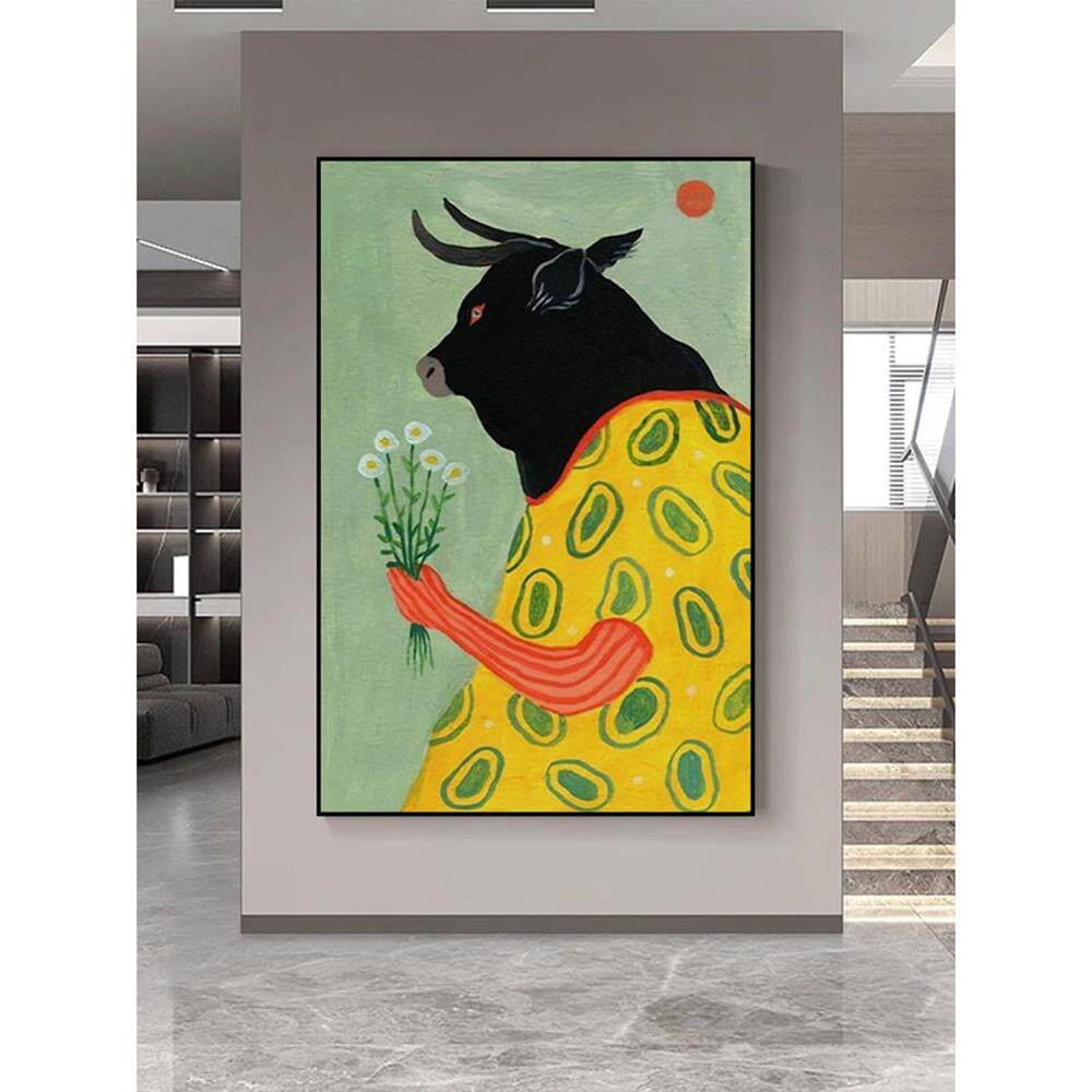 现代简约治愈系卡通牛抽象动物客厅装饰画小众艺术餐厅玄关挂画