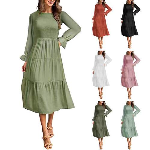 Women's trumpet long sleeved pleated short sleeved dress