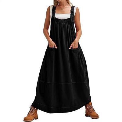 Women Barrel Midi Dress Adjutable Strap Pockets Maxi Overall