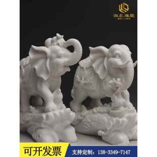 石雕大象天然汉白玉石象一对家居门口吸水招财小象抱鼓石镇宅门墩