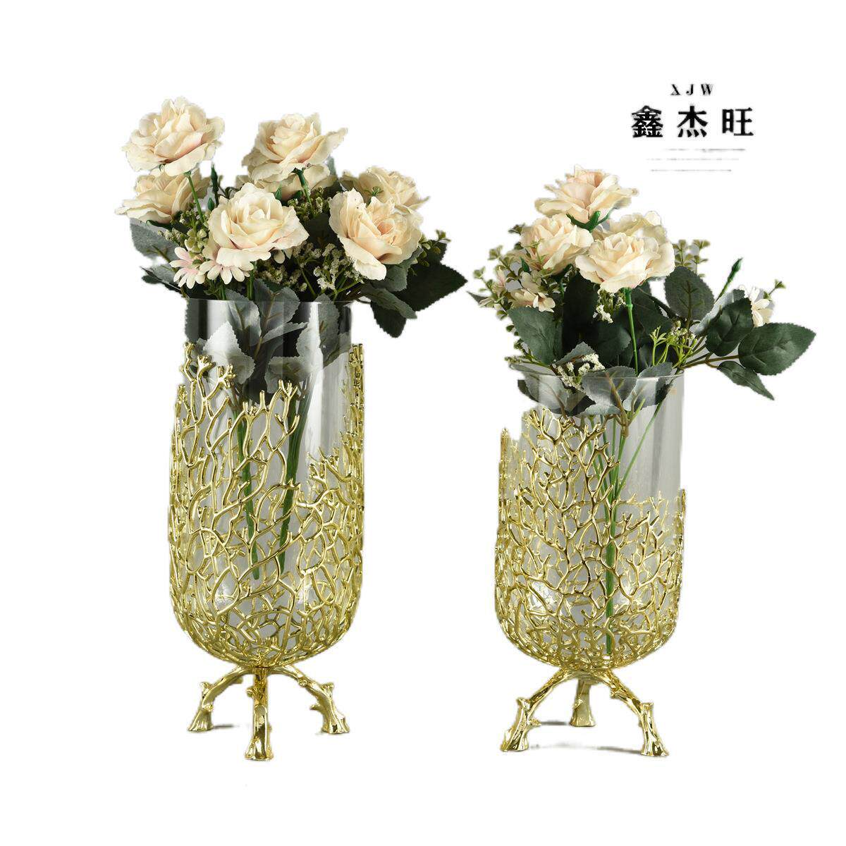 欧式金属玻璃花摆件客厅干插花样板房餐桌花器创意轻奢桌面装饰