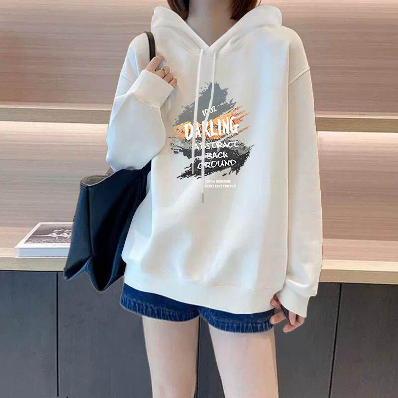 专柜白色连帽卫衣女外套2026年春秋新款时尚印花宽松休闲百搭上衣
