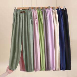 休闲 棉绸束口裤 长裤 纯色人造棉灯笼裤 家居睡 夏季 防蚊裤 女士薄款