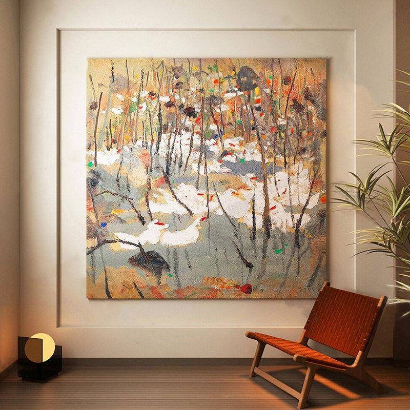 吴冠中挂画抽象纯手绘油画中古风餐厅装饰画客厅沙发背景墙艺术画