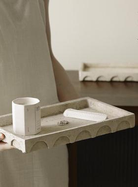 栗石侘寂风复古做旧米色仿洞石水泥托盘摆件民宿样板间收纳装饰盘