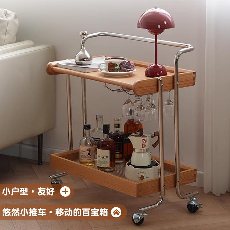 北欧中古实木小推车复古小茶几客厅家用边几小餐车可移动收纳架