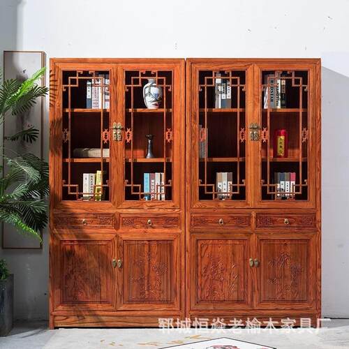 新中式老榆木储物柜玻璃柜带双开门茶具收纳柜玄关抽屉柜文玩柜