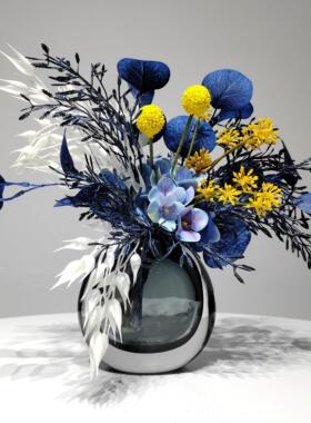 现代蓝色彷真花艺玻璃花瓶样板房客厅餐桌茶几样品屋展示中心轻奢