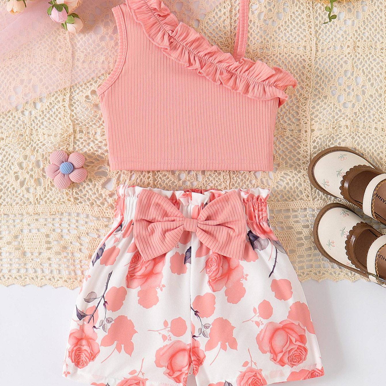 youthful girl sleeveless top sunflower print bow shorts set