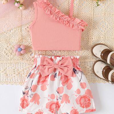 youthful girl sleeveless top sunflower print bow shorts set