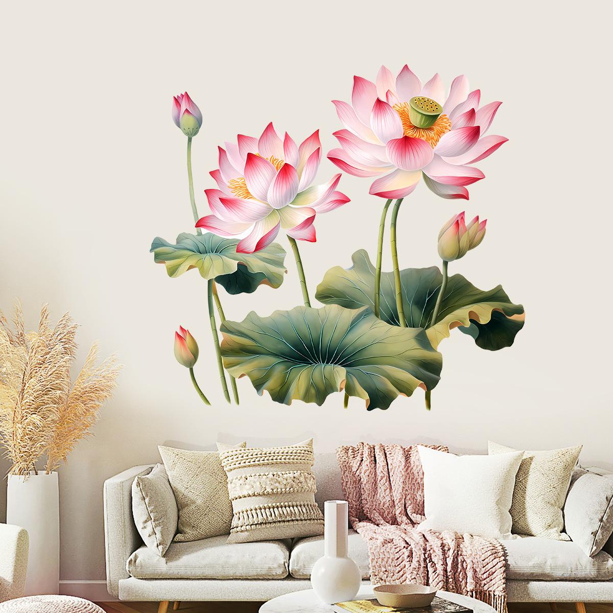 PH-QT跨境外贸水彩荷花软装墙贴