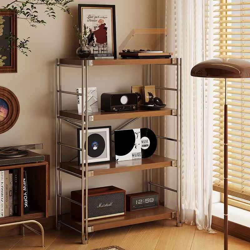 日式钢木置物架落地多层家用客厅厨房收纳架子简约卧室书架储物