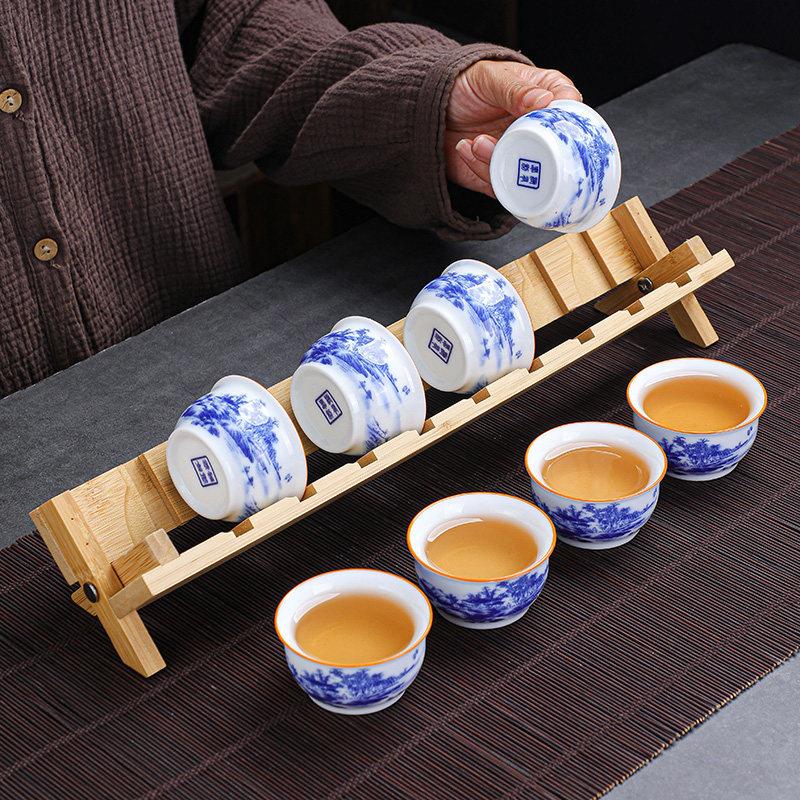青花瓷山水画茶杯 8祇套装带杯架茶具陶瓷茶碗白瓷品茗杯家用待客