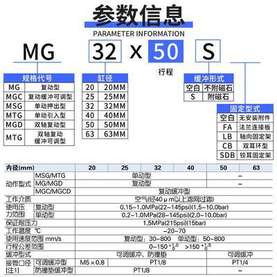 气动不锈钢迷你气缸MG20/25/32/40-25X50X75X100X125S替代亚德客