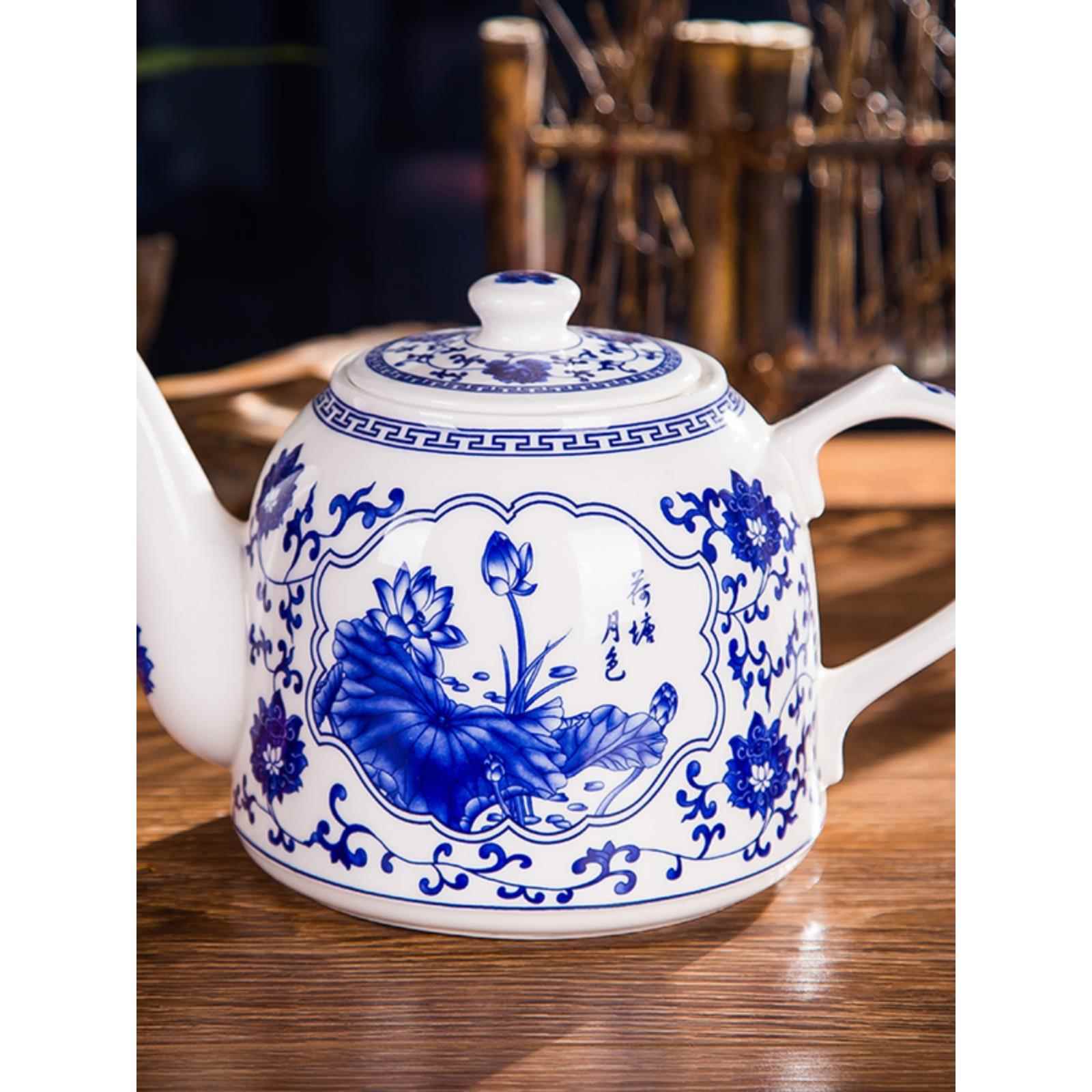 大容量耐热景德镇陶瓷茶壶冷水壶大高温蓝白陶瓷大茶壶茶杯