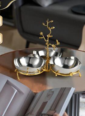 轻奢别墅金枝散叶三格不锈钢果盘沙拉盘欧式轻奢样板间拍摄摆件