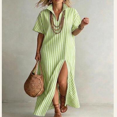 V-neck short sleeved striped split cotton linen dress