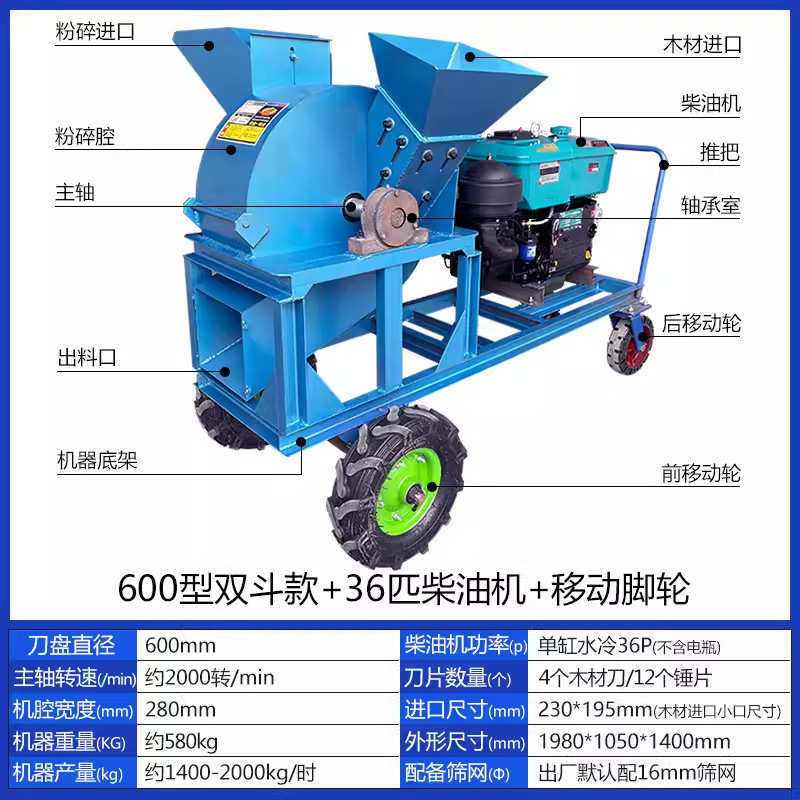 竹木树枝移动式破碎机粉碎大木头粉碎机木屑边角料粉碎机木材锯末