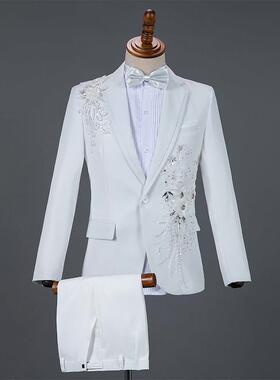 白色西装演出服亮片男士修身青年主持人歌手舞台合唱艺考西服套装