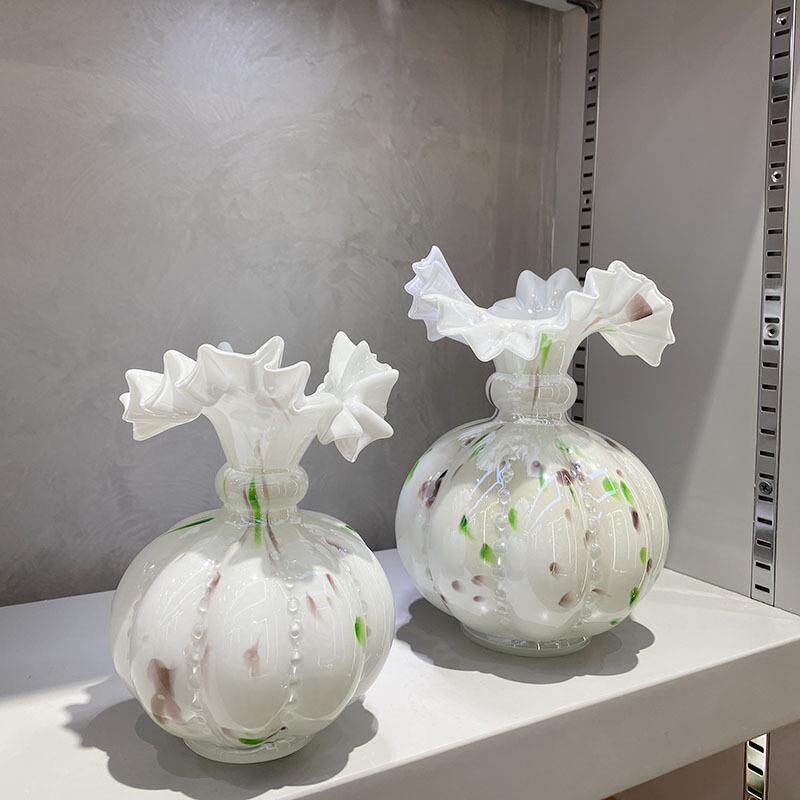 中古珠光白豆瓣芬顿花瓶复古小南瓜玻璃桌面花瓶家用插花水培花器