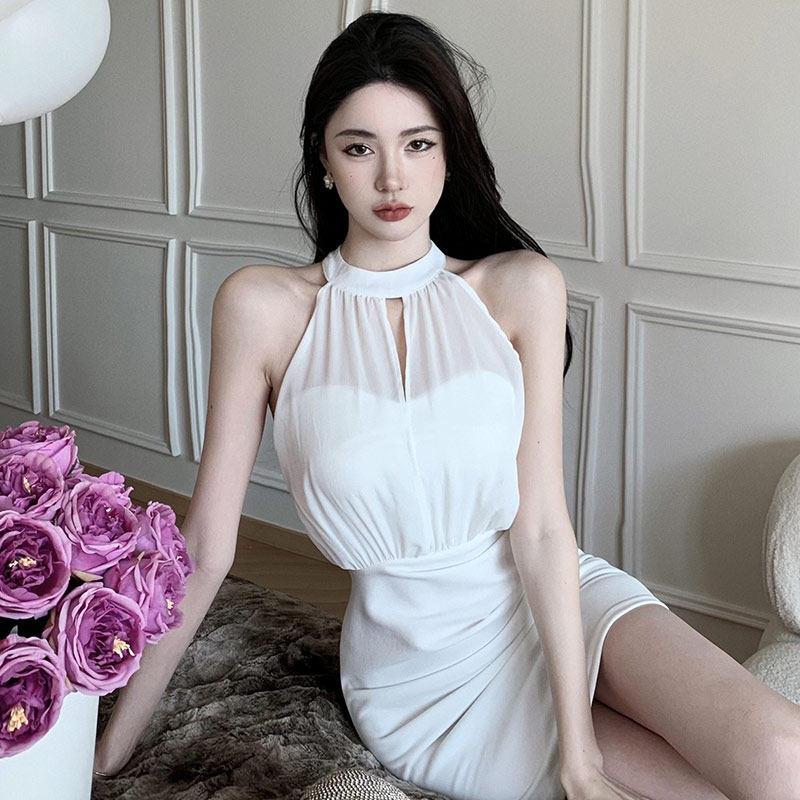 直播衣服女主播上镜高级纯欲风性感露肩网纱拼接无袖挂脖连衣裙