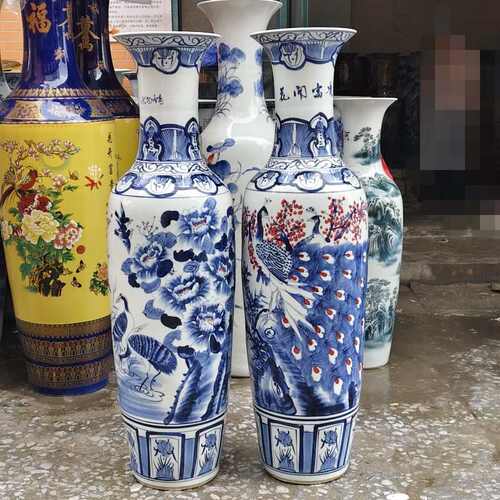 开业摆件陶瓷釉青花瓷酒店落手绘摆件富贵地大花开大礼品彩花瓶下