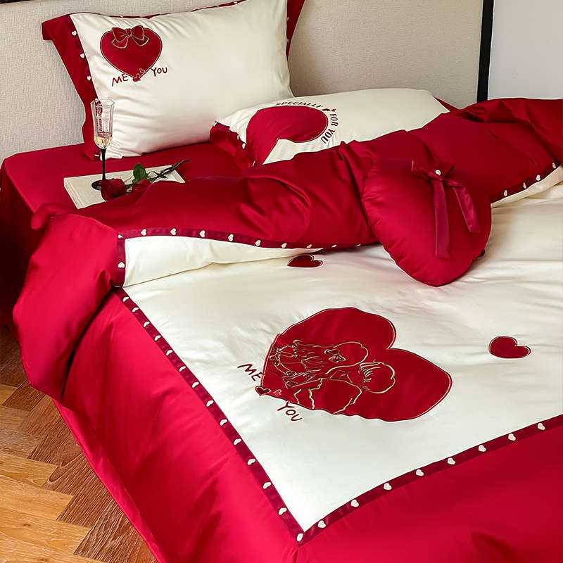 小清新高端全棉爱心吊坠刺绣四件套长绒棉被套轻奢公主风结婚床品