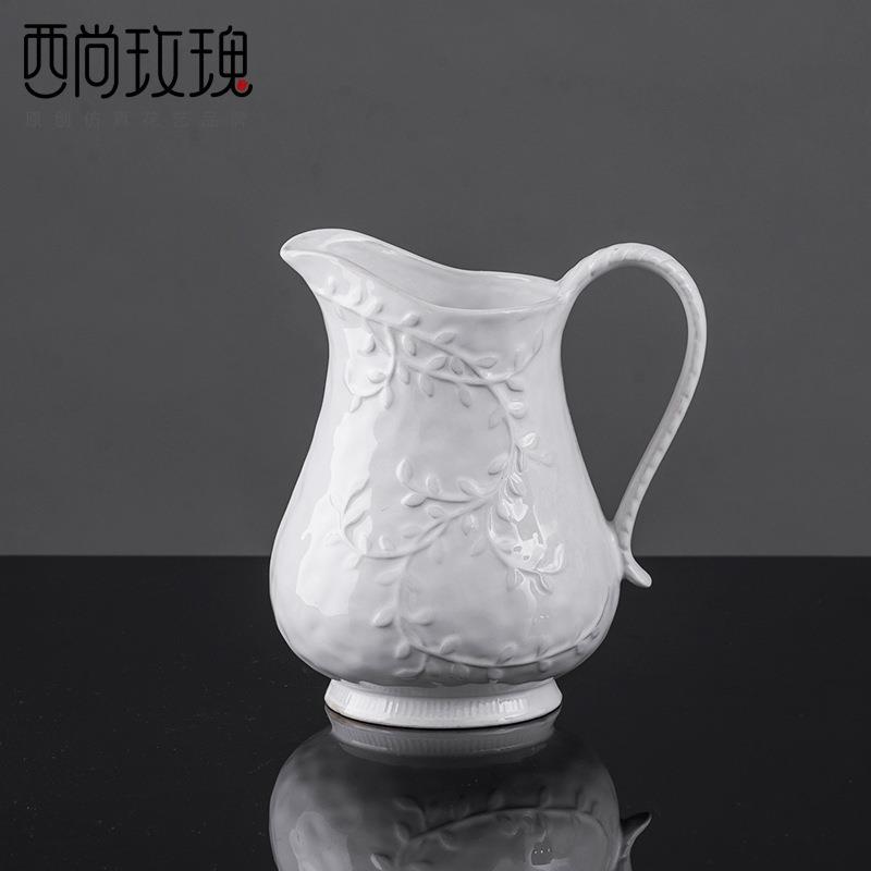 中式陶瓷花瓶 白色浮雕陶瓷水壶摆件 客厅装饰品餐桌摆件工艺品