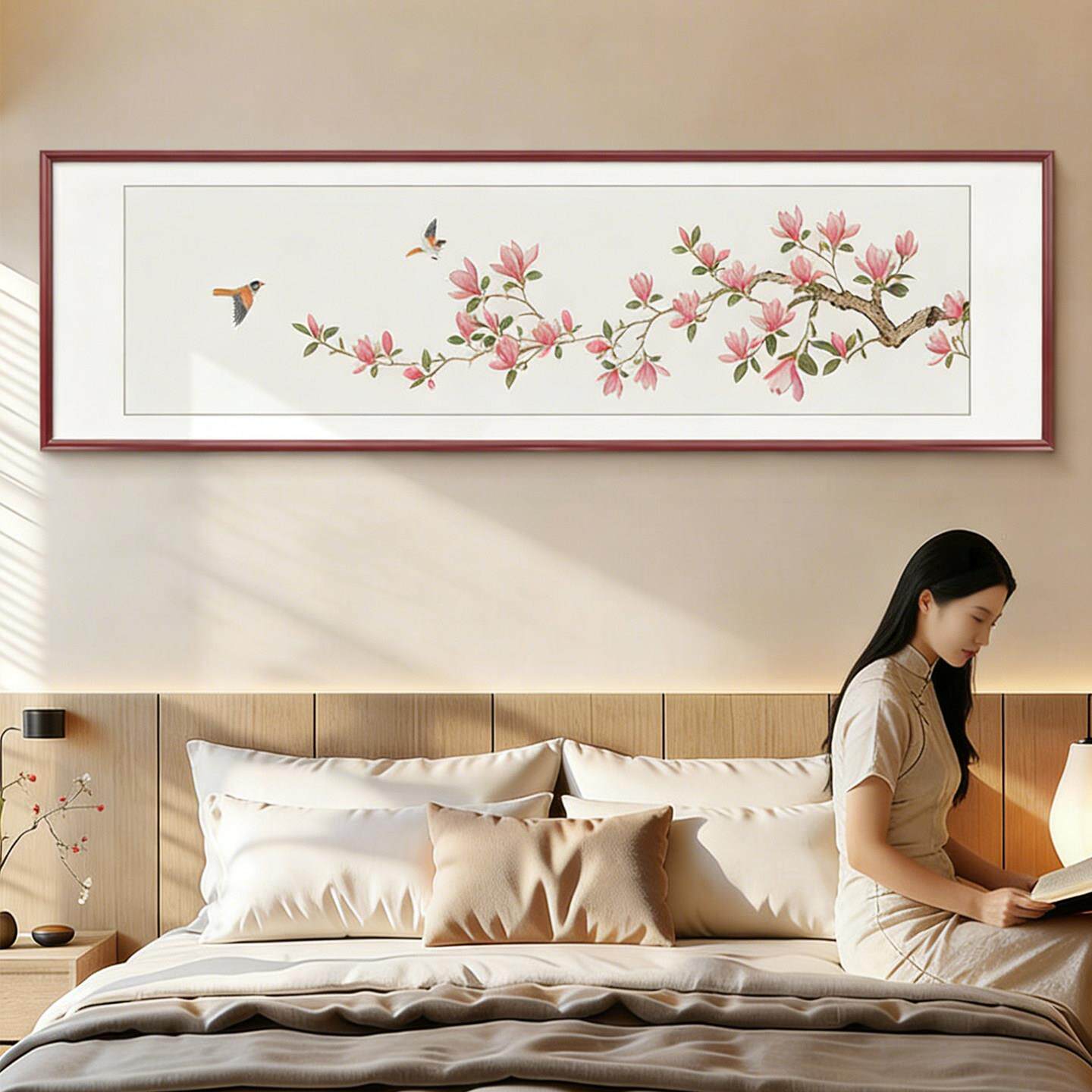 新中式床头画夫妻房间挂画卧室装饰画花鸟图寓意好的主卧背景墙画