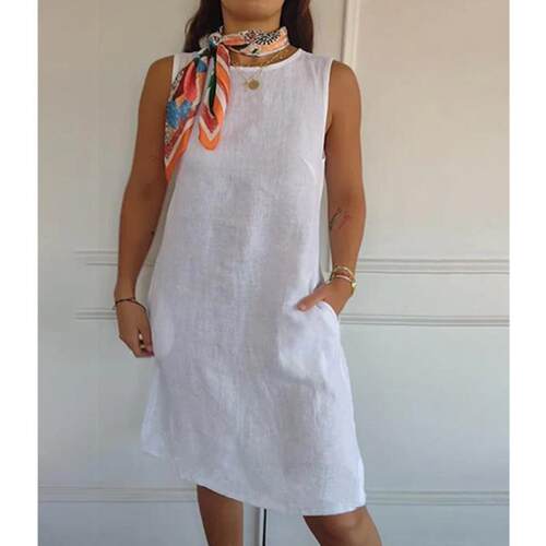 Women's round neck sleeveless pocket cotton linen dress