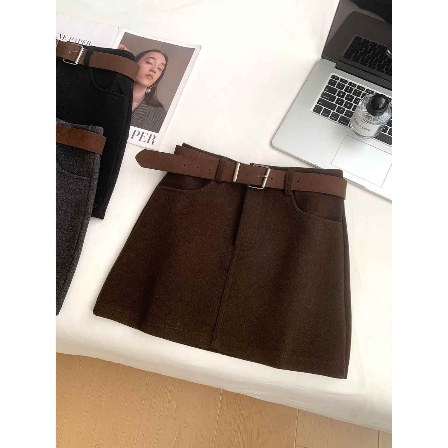 毛呢咖色包臀半身裙女秋冬高腰显瘦小个子百搭辣妹性感A字短裙150