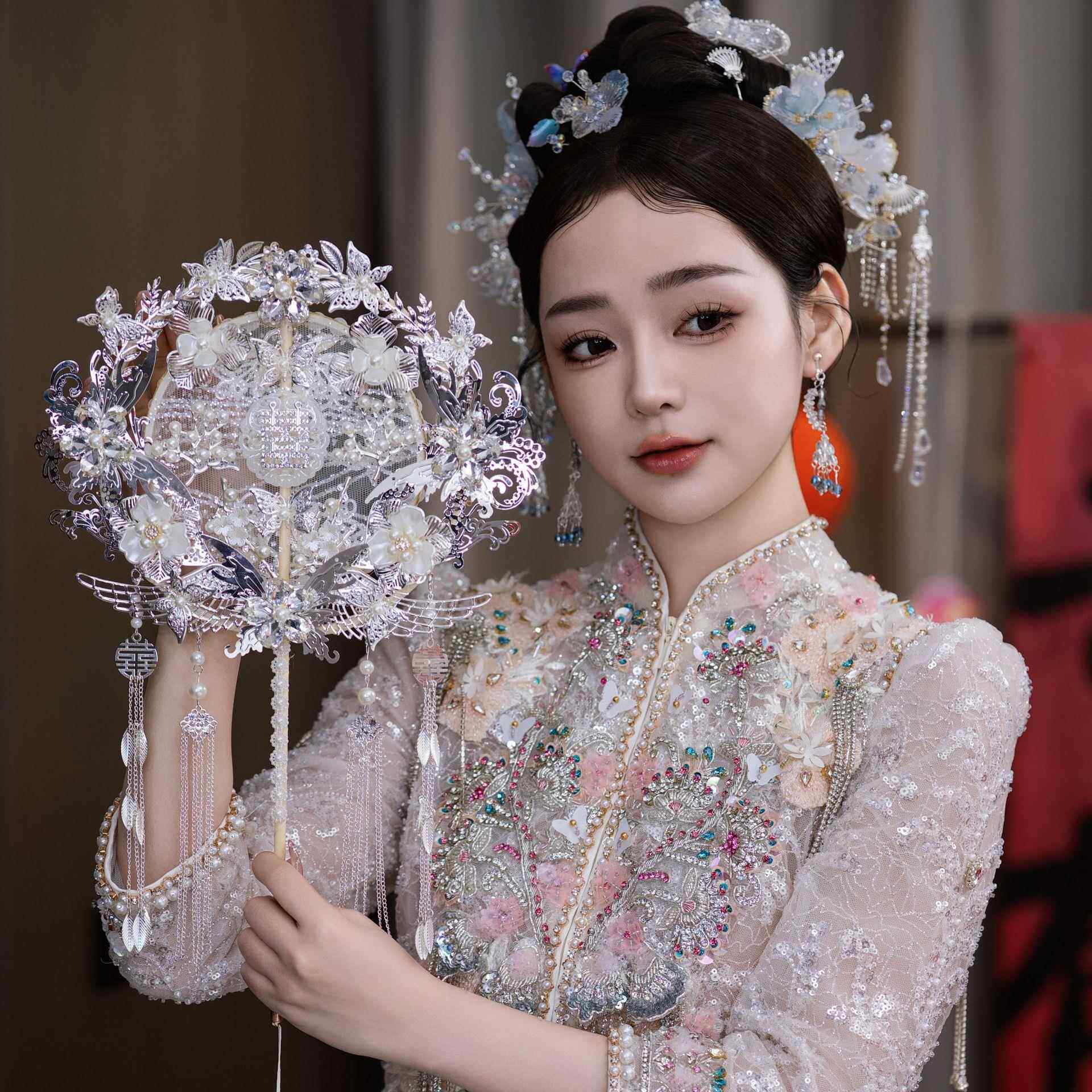 红色蕾丝新娘结婚秀禾服新中式双面成品遮面金色成品喜扇团扇9157