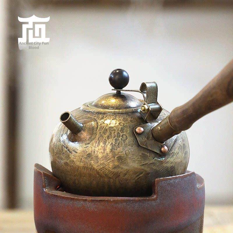 做旧覆古工夫茶铜壶烧水煮茶壶鎏银补铜元素纯手工青紫铜家用侧把